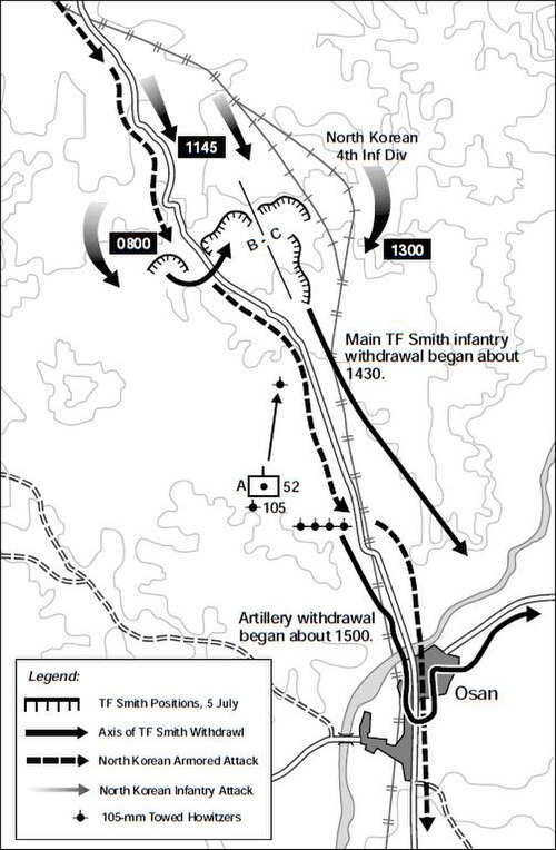 町の北にある2つの丘に米軍の陣地が集まっている地図。南下して包囲する大規模な中国軍の動きがわかる。