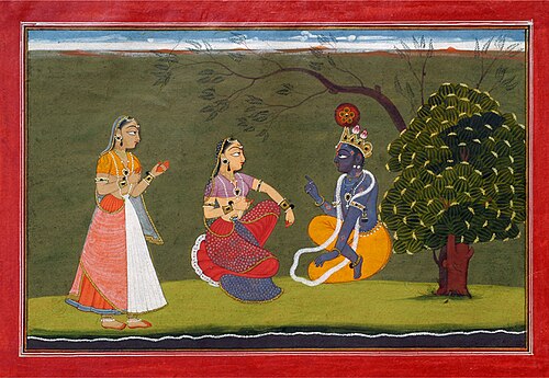 バソリ作、ラーダーとクリシュナの対話を描いた絵画、1730年頃。