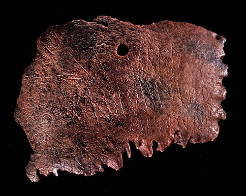 破片の写真。穿孔された穴と碑文が写っている。