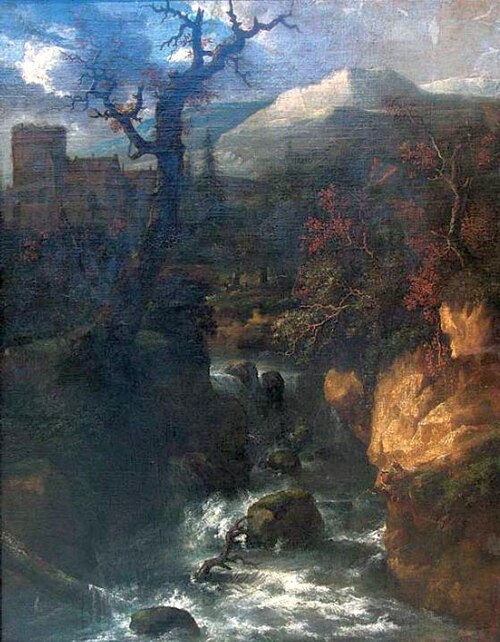 ヤン・ファン・ケッセル『滝と城のある風景』（1663年頃～1664年）