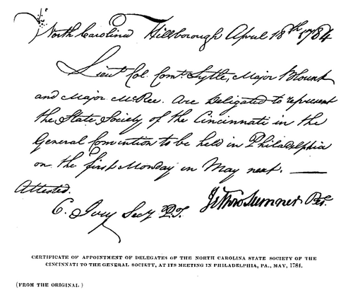 1784年5月に開催される全国会議にノースカロライナ州シンシナティ協会から3人の代表者を指名する手紙。下部にサムナーの署名がある。