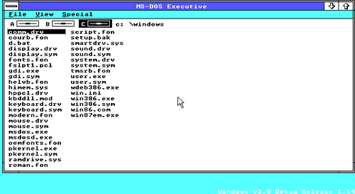 Windows 3.0ビルド14のデスクトップ版(MS-DOS搭載)。これは当時入手可能な最も初期の社内ビルドである。