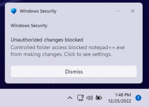 Microsoft Defenderが保護されたフォルダーへのアクセスをブロックしたことを示す通知のスクリーンショット。