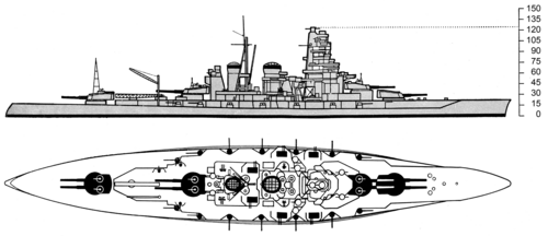 アメリカの諜報機関が描いた榛名の右舷側からの図。主砲と副砲に特に陰影を付けて強調している。