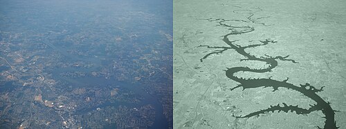 テネシー州オールドヒッコリー湖の可視光および赤外線（900nm LP）航空写真。旅客機からソニーH-9デジタルカメラを使用して数秒間隔で撮影。