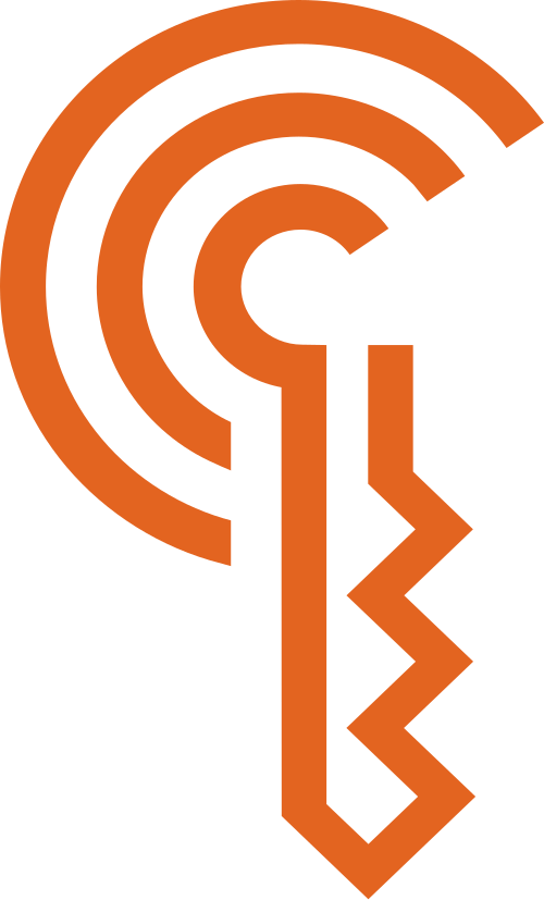 Car Connectivity Consortium (CCC) のデジタル キーを表すオレンジ色の鍵のようなロゴ。
