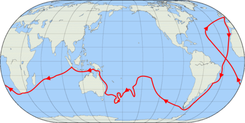 クックの最初の航海の航路を示す線が描かれた、地球全体の地図