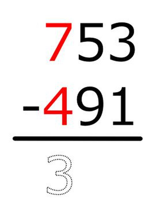 7 − 4 = 3 この結果は鉛筆で書き込まれているだけです。