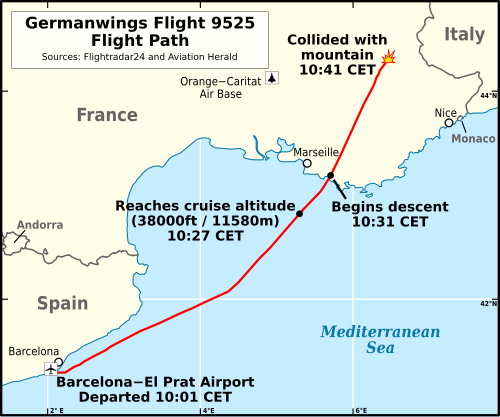 スペインとフランスの沖合にある地中海の地図。赤い線が左側のバルセロナと、フランス海岸のすぐ北にある右上の墜落跡を結んでいる。