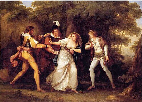 ヴァレンタインが『ヴェローナの二紳士』からシルヴィアを救出する（1789年）、油彩、キャンバス、156.8cm x 221cm、マサチューセッツ州ウェルズリー大学デイビス美術館所蔵