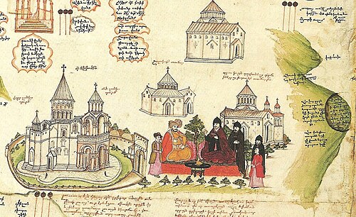 1691年にエレミヤ・チェレビが作成した地図には、アララト山が縦に描かれており（右）、エチミアジン大聖堂やヴァガルシャパトのその他の教会も描かれている。
