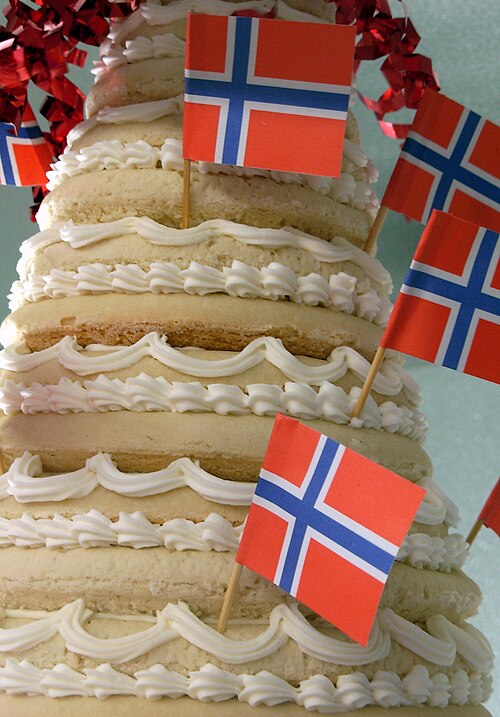 ノルウェー国旗で飾られたクランセカーケのクローズアップ