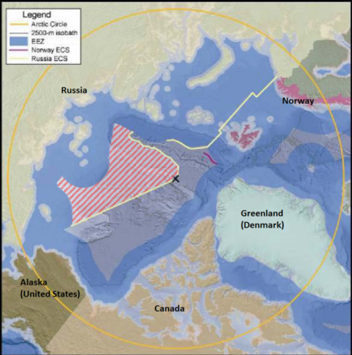 北極圏におけるロシアの領有権主張を示す地図。