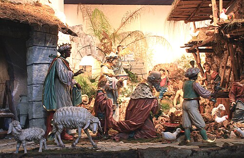 バチカンのサン・ピエトロ大聖堂内のクリスマスの馬小屋