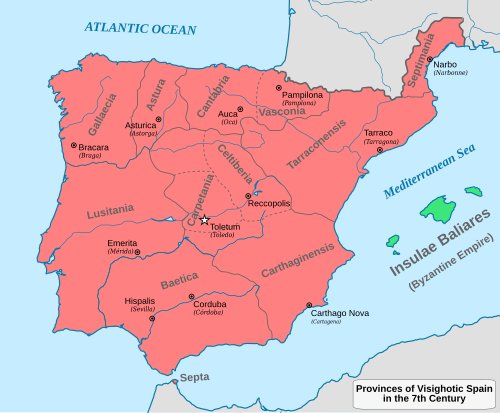 7世紀の州とその首都が記されたスペインの地図。アウカ(オカ)は北部のカンタブリア州にある。