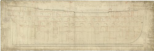 マストを除いた帆船の船体側面図