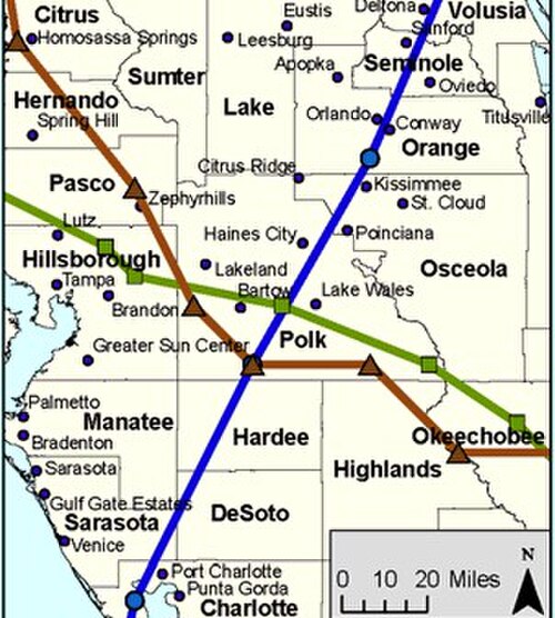 フロリダ州中西部の地図。3つのハリケーンの進路を示しており、それらの合流点はバートウ付近である。