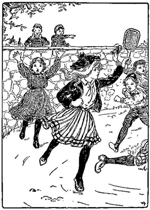 前景で数人の白人の子供たちが遊んでいる無色の漫画画像。彼らの後ろには壁があり、その後ろに 2 人の男の子が座っています。