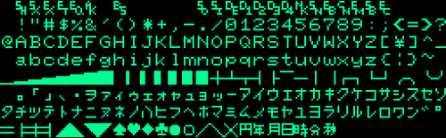 NEC PC-8001（1979年）の文字セットを8×8ピクセルフォントで表示したもの