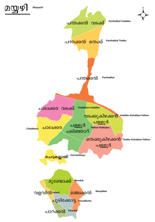 地区名を示したマヘ島の地図。