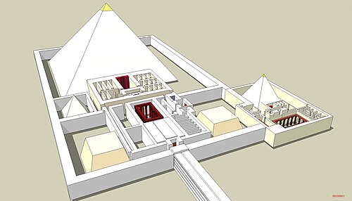 壁に囲まれたピラミッドの絵。ピラミッドの片側には多くの部屋がある建物が伸びており、建物の反対側の端にはフレームから土手道が伸びています。