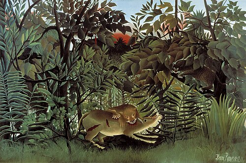アンリ・ルソーの絵画「飢えたライオンがカモシカに飛びかかる」1905年