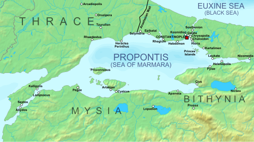 マルマラ海とその沿岸の地球物理学的地図。中世の主要な集落も示されている。