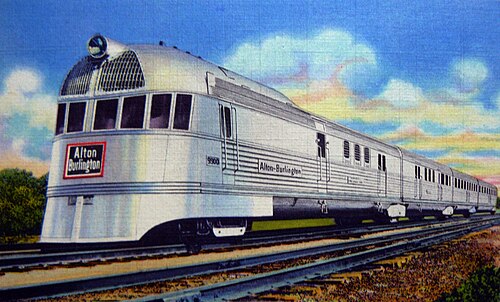 「オザーク州ゼファー」、アルトン・バーリントン初の流線型ディーゼル機関車、1937 年頃。出典: Curt Teich & Co. ポストカード 7A-H49