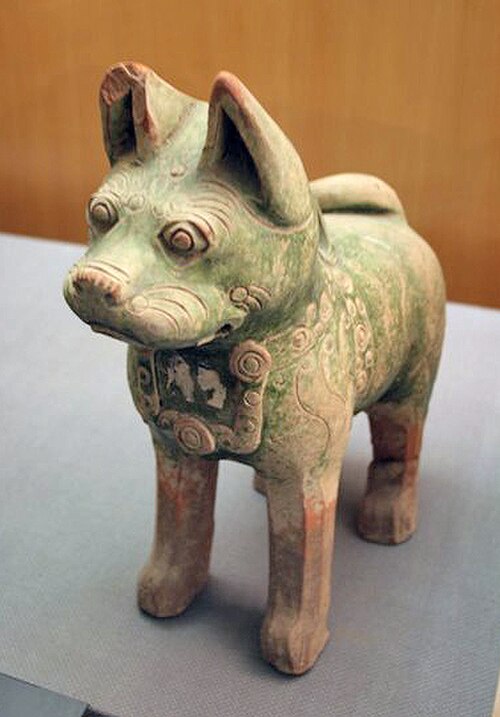 漢代の墓から発見された犬の置物は、装飾的な首輪を身につけており、ペットとして家畜化されていたことを示している。犬の置物は漢代の墓からよく見つかる考古学的発見物であり、また文献からも、皇帝の庭園には狩猟犬を飼育するための犬舎があったことが知られている。