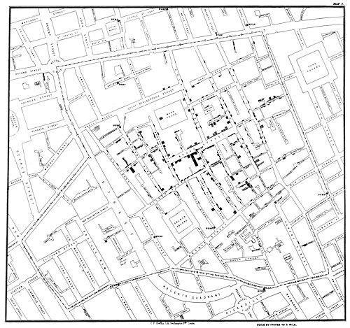 1854 年のブロード ストリートでのコレラ流行を描いたジョン スノーの白黒地図。感染者の家が黒でマークされています。
