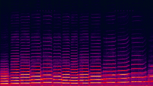 これはバイオリン演奏の録音のスペクトログラムです。基本周波数の整数倍の周波数で倍音が発生していることに注目してください。