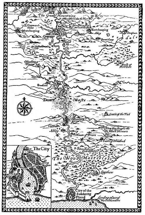 近代的なファンタジー地図の先駆け：ウィリアム・モリスの1897年の作品『大洪水』の巻頭図
