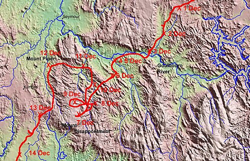 ヒュームとホベルの探検隊のルート（1824年12月1日～14日）