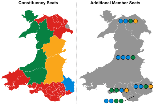 選挙区ごとの当選者を政党の色で示した地図。