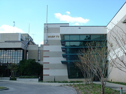 大学キャンパス内の 2 階建てのオフィスビルと WUSF - テレビ看板