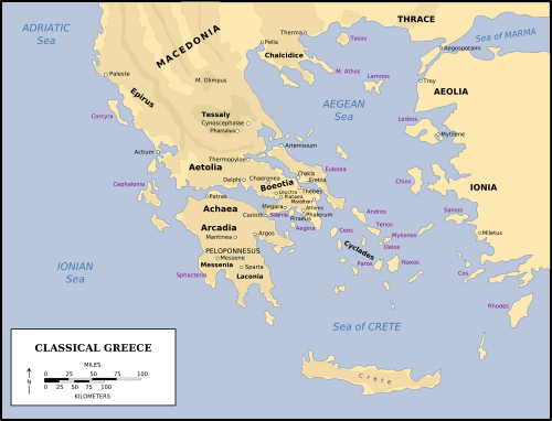 古代ギリシャの地図。エーゲ海の両岸が示されている。