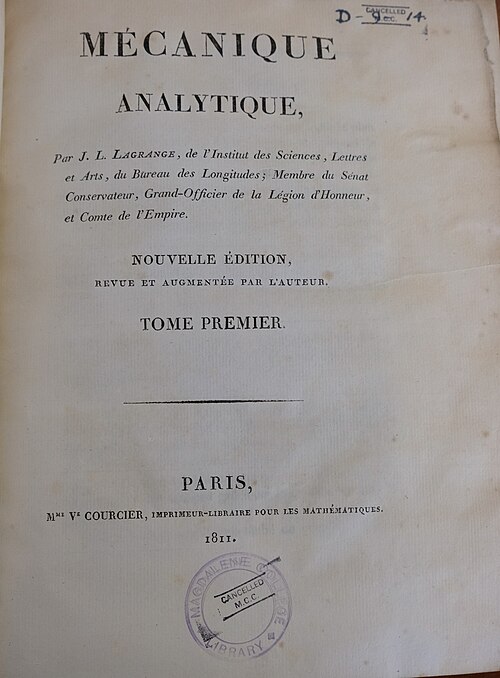 ラグランジュの『Mécanique Analytique』(1811 年)第 1 巻のタイトルページ