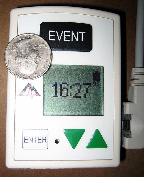 ホルター心電計と、大きさを比較するためのアメリカの25セント硬貨。