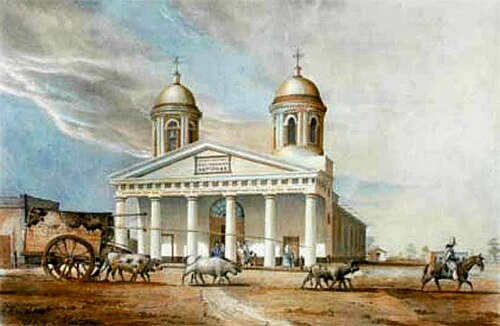 オリジナルの寺院。1840年にカルロス・ペレグリーニが描いたスケッチ。