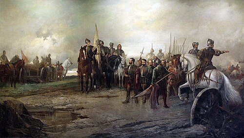 戦場の兵士と大砲。白馬に乗った士官が部下を指示するために指をさしている。