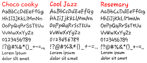 Choco Cooky、Cool Jazz、Rosemaryのフォントの比較
