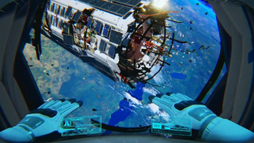 地球を背景に、損傷した宇宙ステーションの中を浮遊するプレイヤー キャラクターの一人称視点。