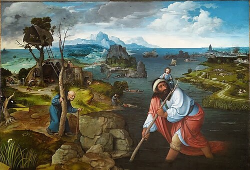 聖クリストファーのいる風景、1520年頃、板に油彩、125cm×170cm（49インチ×67インチ）、エル・エスコリアル、サン・ロレンソ修道院、スペイン
