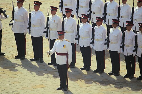 ジブラルタルのグランド・ケースメイツ広場で行われた女王誕生日のパレード（軍旗行進）に参加したロイヤル・ジブラルタル連隊。3番の制服を着用。