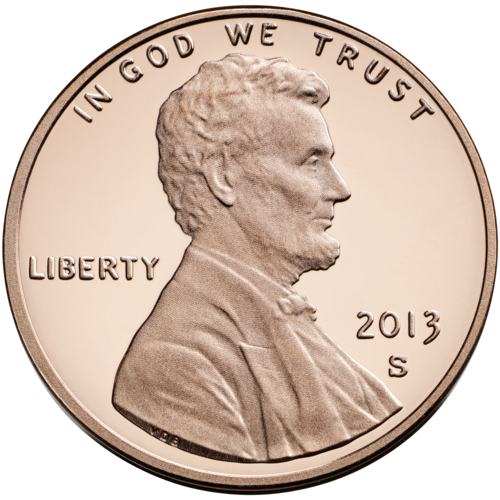 2013年にアメリカ合衆国で発行された1セント硬貨（1ドルの100分の1の価値）。通称ペニー。