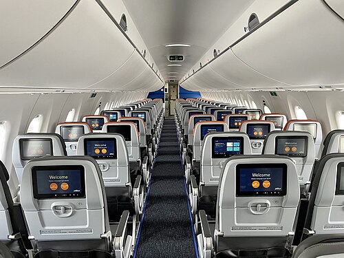 飛行機の内部が示されており、左列には 2 席、右列には 3 席あります。各座席の前には個人用テレビ画面もあります。全体的な配色はグレーです。