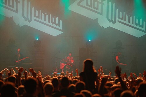 ズート・ウーマンのライブコンサート。霧と赤い照明の中で大勢の観客の前でパフォーマンスを披露した。