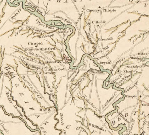 ジョン・コレットの 1770 年の地図からの抜粋。北西から南東に流れるロアノーク川と、地図の中央の川沿いの大きな集落としてハリファックスが描かれている。