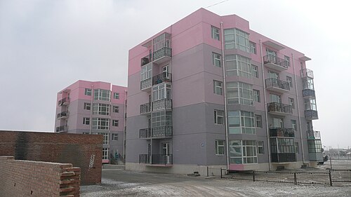Apartment buildings.