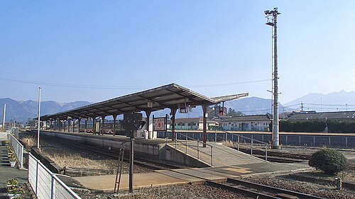 踏切のクローズアップと駅のプラットホームの眺め。